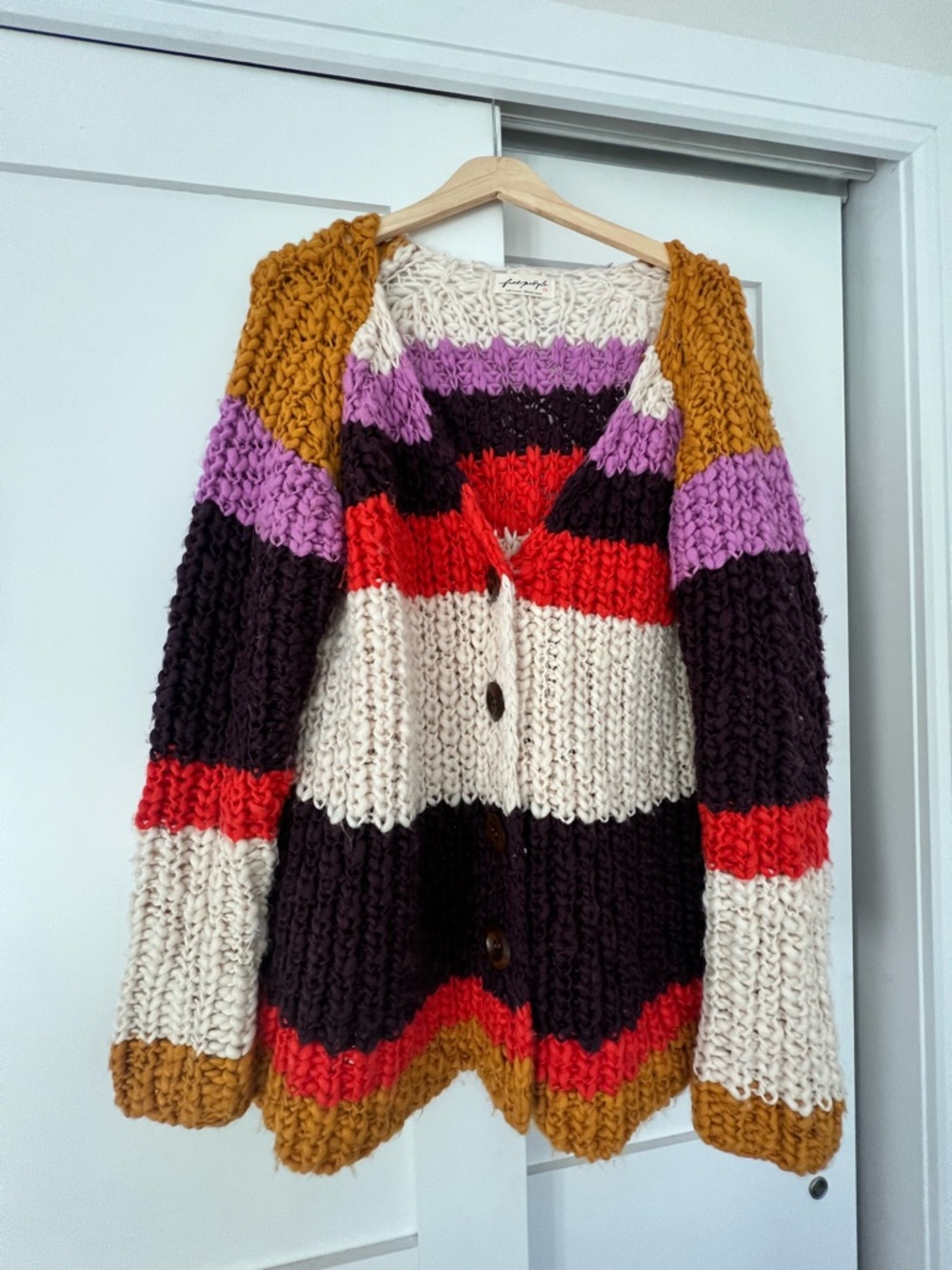 Chunky Striped Knit Cardigan Sweater in Cream, Mustard & Red